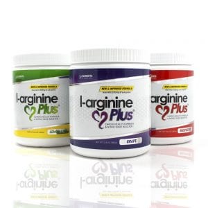 L-arginine Plus jars with three different flavors